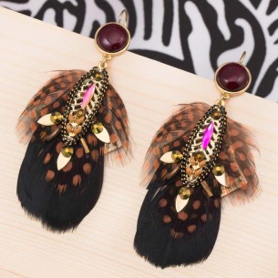 GALAPANGA Camel Gold Earrings Dangling ethnic pavé and golden stone Camel Rhodium Crystal Feathers and Mother-of-Pearl