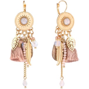 DIEGO NUEVO Beige Gold earrings Dangling with pendant Beige ethnic feathers Gilded with fine gold Crystal Pompom Mother-of-pearl
