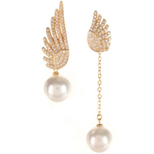 Boucles d'oreilles ASIMEA DOS White Gold Pendantes asymétriques Ailes d'ange Doré et Blanc Laiton doré à l'or fin Cristal Perles