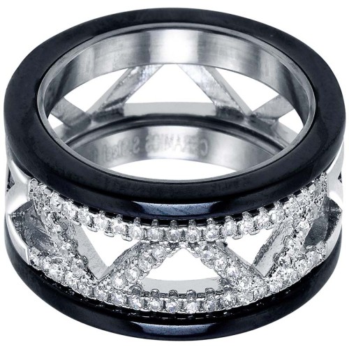 Bague PYRAMIDA CERAMICS STEEL Black Silver Jonc...