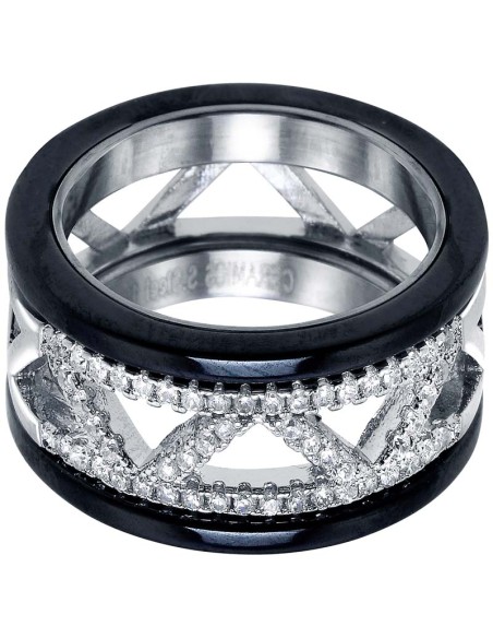 Bague PYRAMIDA CERAMICS STEEL Black Silver Jonc ajouré Pyramides Argenté et Noir Acier inoxydable Céramique Oxydes de zirconiums