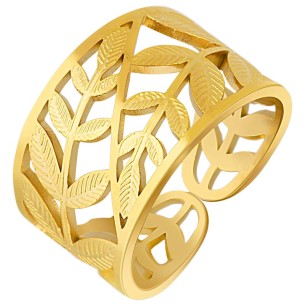 LEAF STEEL Gold ring Flexible adjustable openwork bangle Leaves Gold Stainless steel gilded with fine gold