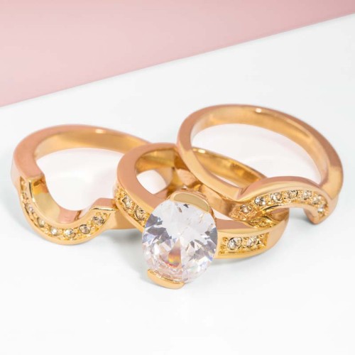 Bague CENTILLA White Gold Jeu de 3 anneaux à porter ensemble Solitaire Doré et Blanc Doré à l'or fin Cristal