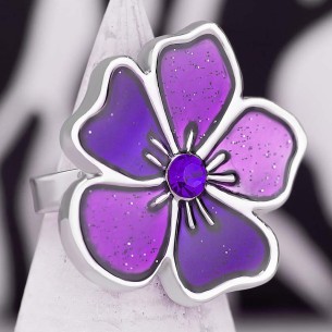 MIMOSA Ring Violet Silver Cocktail adjustable flexible Flower Silver and Violet Rhodium Crystal and enamels