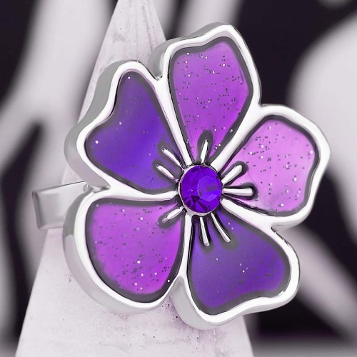 MIMOSA Ring Violet Silver Cocktail adjustable flexible Flower Silver and Violet Rhodium Crystal and enamels