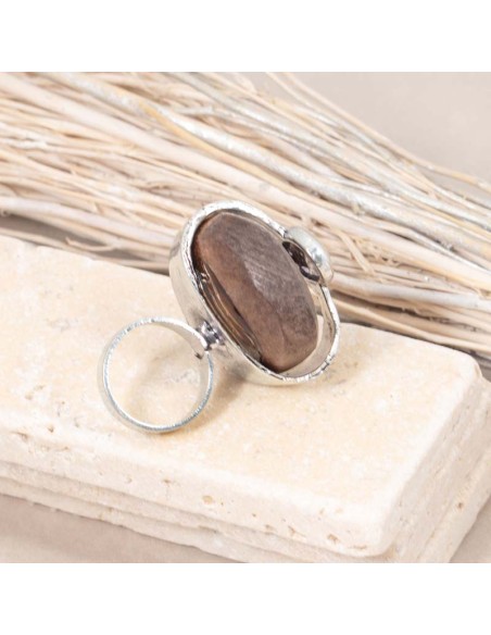 Bague WOODALL Brown Chocolate Silver Cabochon réglable flexible Forgeron Argenté et Marron Chocolat Rhodium Bois