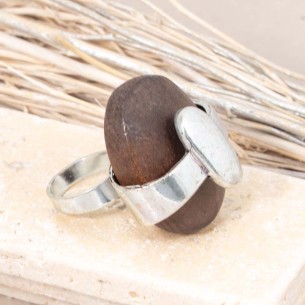 Bague WOODALL Brown Chocolate Silver Cabochon réglable...