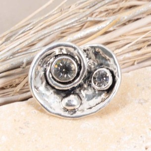 ETOLINE Gray Silver Ring Flexible Adjustable Cabochon Contemporary Silver and Rhodium Gray Wood