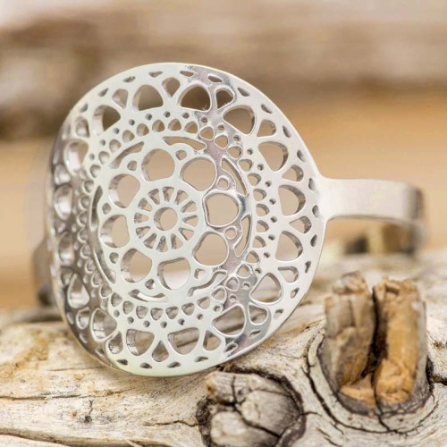 ASUENAL STEEL Silver ring Adjustable flexible openwork bangle Ethnic dream catcher Silver Stainless steel