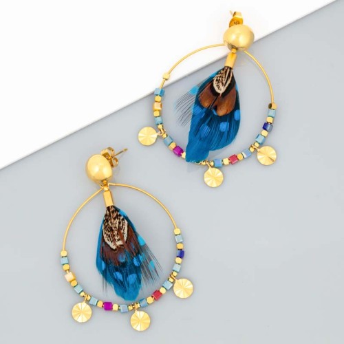 Boucles d'oreilles PLUMEA STEEL Blue Gold Pendantes ajourées Ethnique Bleu Acier inoxydable doré à l'or fin Cristal et Plumes