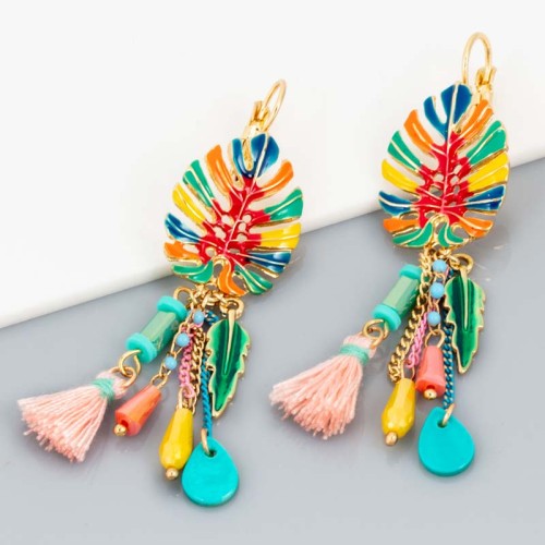 Boucles d'oreilles LEAVORA Color Gold Pendantes à pendentif Feuille de coco Doré et Multicolore Laiton Cristal et Nacre et émaux