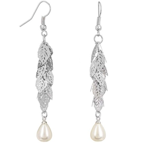 Boucles d'oreilles NATULINE White Silver Pendantes à pendentif Feuillage Argenté et Blanc Rhodium Perles