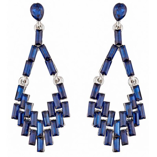Boucles d'oreilles SITELLO Night Blue Silver Pendantes pavées Géométrique Argenté et Bleu Nuit Rhodium Cristal
