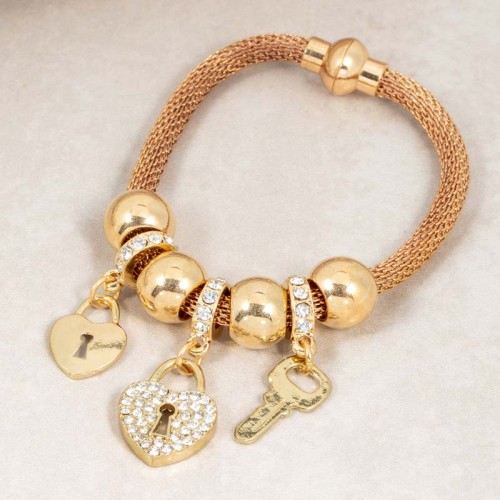Bracelet HEART KEY White Gold Bracelet souple à pendentif Cœur cadenas et clé Doré et Blanc Laiton doré à l'or fin Cristal