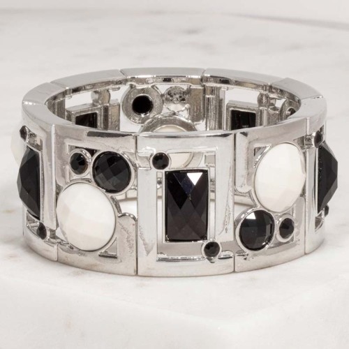Bracelet MADO Black & White Silver Manchette souple élastique pavée Géométrique Argenté et Noir Blanc Rhodium Cristal et Résines