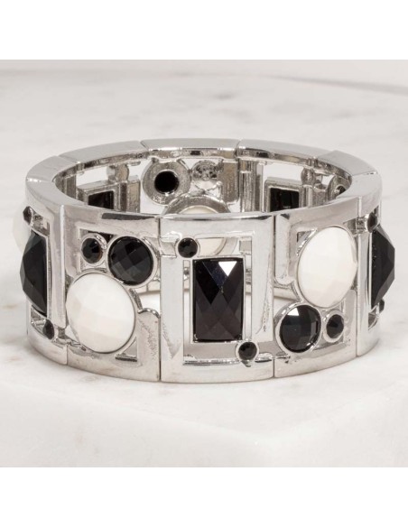 Bracelet MADO Black & White Silver Manchette souple élastique pavée Géométrique Argenté et Noir Blanc Rhodium Cristal et Résines