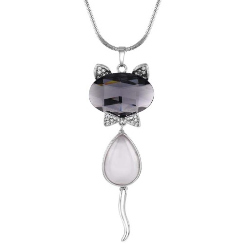 Collier SYLVANIAN Grey Silver Sautoir pendentif en Y Chat Argenté et Gris Rhodium Cristal