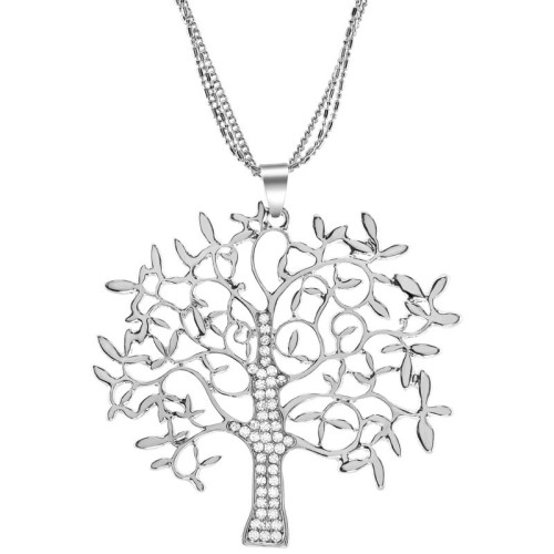 Collier LIFE SHINE White Silver Sautoir pendentif en Y Arbre de vie Argenté et Blanc Rhodium Cristal