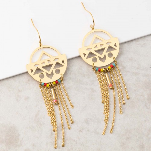 BORANE Gold ethnic earrings dangling steel charms golden chains