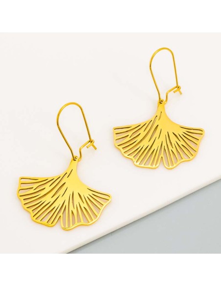 Boucles d'oreilles LEAF WALL Gold Pendantes courtes Feuille filigrane Doré Acier inoxydable doré à l'or fin