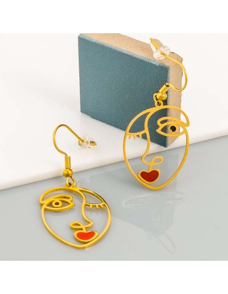 Boucles d'oreilles PARISIAN Red Gold Pendantes ajourées Visage maquillé Doré et Rouge Acier inoxydable doré à l'or fin émaux