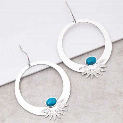 EKISOR Turquoise Silver ethnic hoop earrings hanging feather crowns steel silver