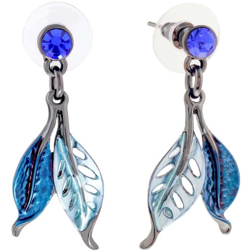 Boucles d'oreilles LIBELLIA Night Blue Silver Pendantes courtes Feuillage Argenté et Bleu Nuit Rhodium Cristal et émaux