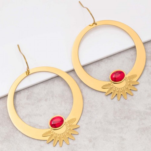 EKISOR Coral gold ethnic hoop earrings dangling feather crowns golden steel coral red jasper