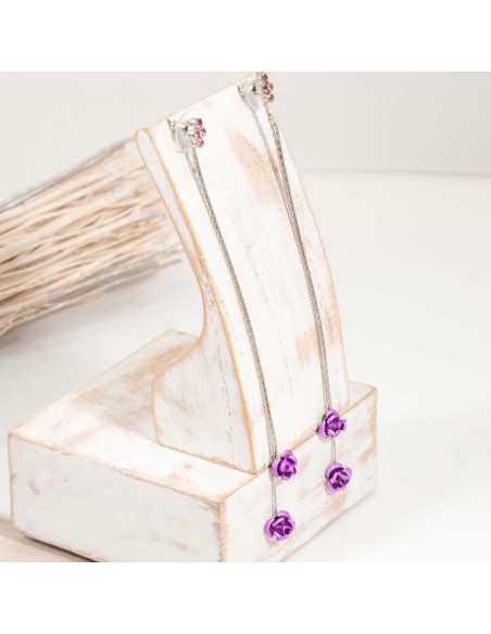 Boucles d'oreilles GIVEN FLOR Purple Silver Pendantes longues Roses Argenté et Violet Rhodium Cristal
