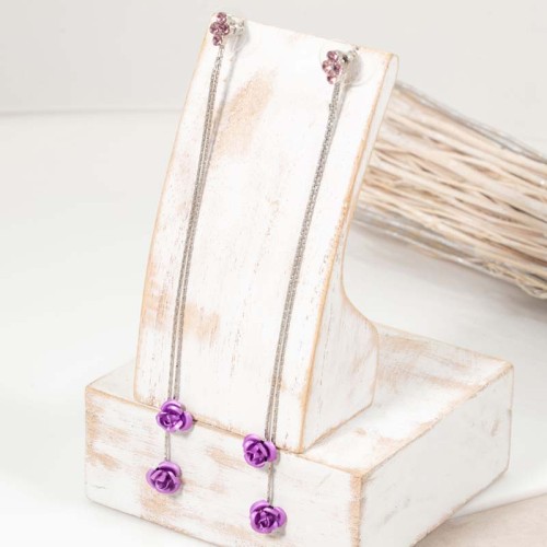 Boucles d'oreilles GIVEN FLOR Purple Silver Pendantes longues Roses Argenté et Violet Rhodium Cristal