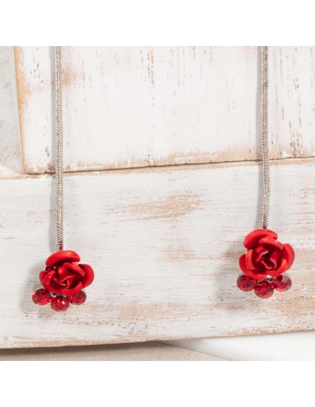 Boucles d'oreilles GIVEN FLOR Red Silver Pendantes longues Roses Argenté et Rouge Rhodium Cristal