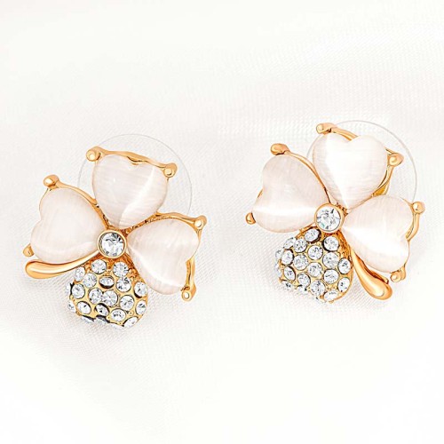 Boucles d'oreilles TREFLOR White Gold Puces clous Trèfle à 4 feuilles Doré et Blanc Laiton doré à l'or fin Cristal et Résines