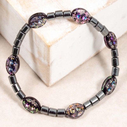Bracelet DEMITIA Black Bracelet de perle souple élastique Composition intercalée Noir et Noir Hématites Pâte des verre