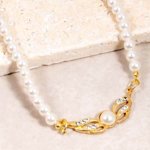 Collier VOLARE White Gold Ras de cou collier de perles Ailes d'ange Doré et Blanc Laiton doré à l'or fin Cristal et Perles