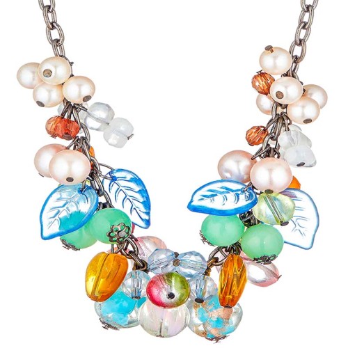 Collier PRINTANIA Color Silver Ras de cou à pendentifs Rivière florale Argenté et Multicolore Rhodium Pâte des verre et Perles