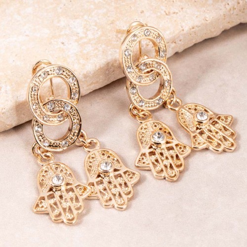 Boucles d'oreilles MEDINA White Gold Pendantes ajourées à pendentif Main de Fatma Doré et Blanc Laiton doré à l'or fin Cristal