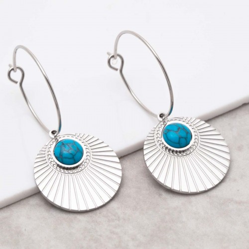 MOARA Turquoise Silver dangling hoop earrings steel silver solar symbol