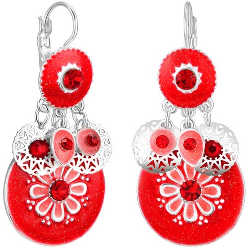 Boucles d'oreilles FRUGAL CEREZA Red Coral Silver Pendantes à pendentif Fruit Argenté et Rouge Corail Rhodium Cristal