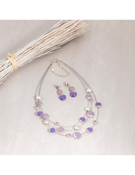 Parure CANDIES Mauve Silver Ras de cou multirangs et boucles d'oreilles pendantes courtes Satellite Parme argenté Cristal émaux