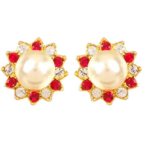 Boucles d'oreilles DIANE Red Gold Puces clous pavées Classique chic Doré et Rouge Laiton doré à l'or fin Cristal et Perles