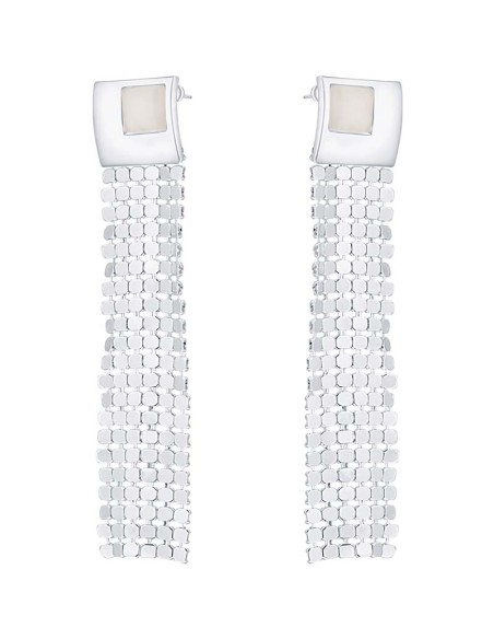 Boucles d'oreilles SEVENTY White Silver Pendantes longues Cotte de maille seventies Argenté à l'argent fin Nacre blanche