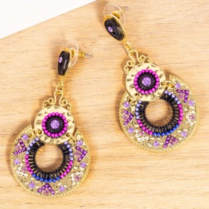 Boucles d'oreilles PACHECO Violet Gold Pendantes ajourées martelées Doré et Violet Doré à l'or fin Cristal et Perles