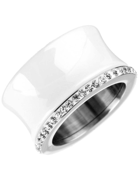Bague IPSANCE White Silver Bague jonc anti-stress Incurvé Argenté et Blanc Acier inoxydable Céramique et Cristal