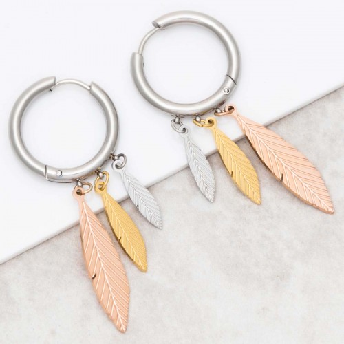 UMEOLA Silver Pink Gold dangling hoop earrings steel silver rose gold feather charms