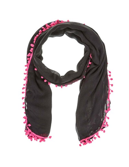 Foulard TANGER Fuchsia Black étole unie à breloques fluo Noir et Fuchsia coton et viscose  Décorations pompons