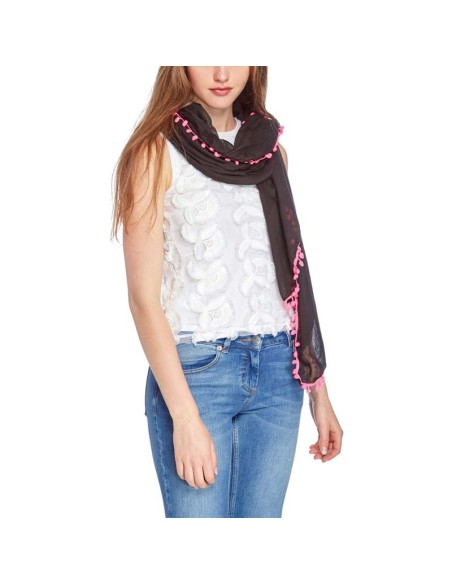 Foulard TANGER Fuchsia Black étole unie à breloques fluo Noir et Fuchsia coton et viscose  Décorations pompons