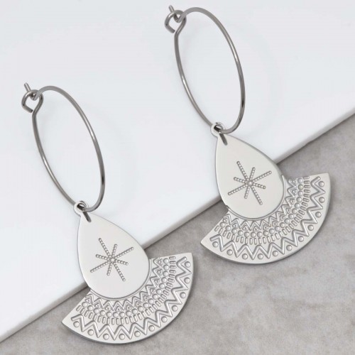 TALIS Silver pendant hoop earrings steel silver ethnic symbol