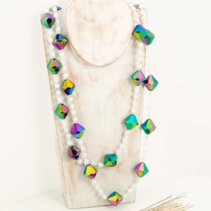Collier SHADDE Green Black & White Sautoir de perles alternées Blanc, Noir et Vert, Perles Cristal