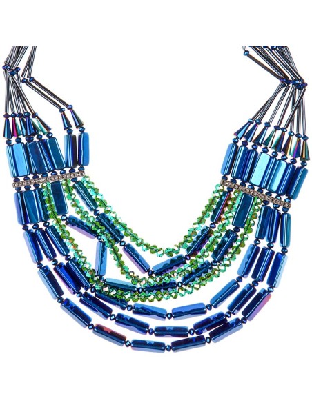 Collier VENUSA OF CRYSTAL Night Blue Silver Ras de cou multirangs à perles Rivière de cristal Argenté Bleu Nuit Rhodium Résines