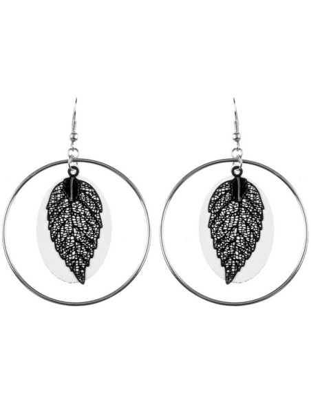 Boucles d'oreilles NATUSA Black & White Silver Pendantes ajourées à pendentif Feuilles Argenté et Noir Blanc Rhodium